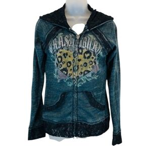 Crash & Burn Leopard Bling Heart Full Zip Hoodie Size Medium